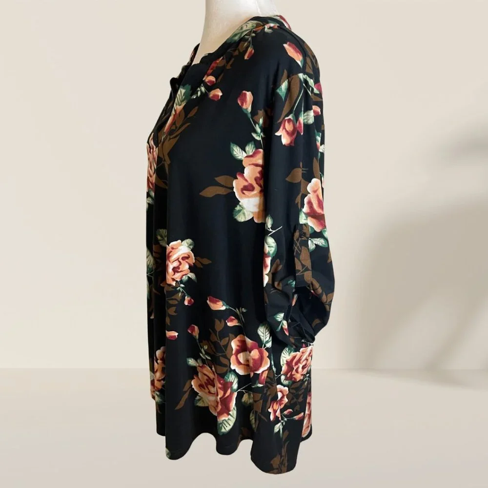 a.jesdani Women’s Floral Tunic Dress | Black Rose Print | 3X Plus Size